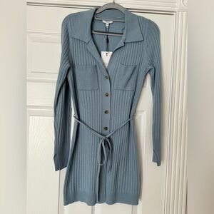 REISS S Corrin Knit Sweater Button Down Cardigan Tunic Front Tie Waist Pale Blue